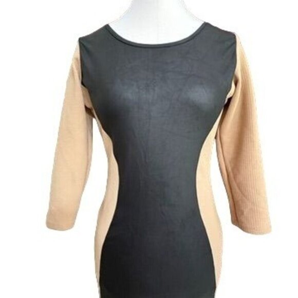 Love Chesley Black & Tan Colorblock Bodycon Dress 3/4 Sleeve Medium Midi Texture - Picture 4 of 9